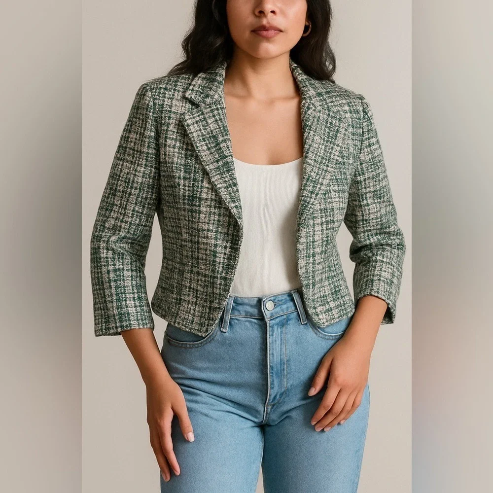 VTG Bouclé Tweed Crop Blazer Large Light Academia Old Money Preppy‎ Revival